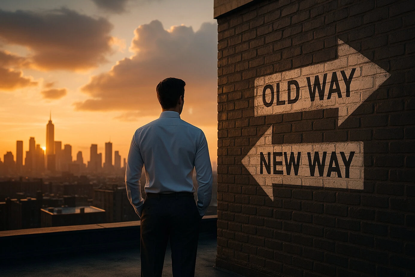 Mann auf einem Hochhausdach vor Sonnenuntergang blickt auf zwei Pfeile an einer Wand: „OLD WAY“ und „NEW WAY“